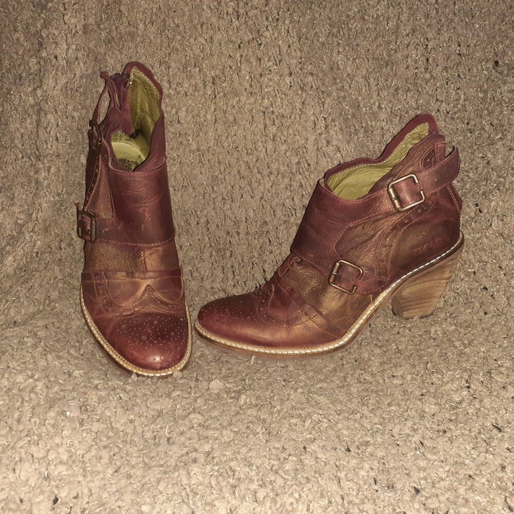 DKODE-Daphne-Brick Red/Bronze Shimmer Leather-Back Zip-Dbl Monk Strap-Sz 39-EX